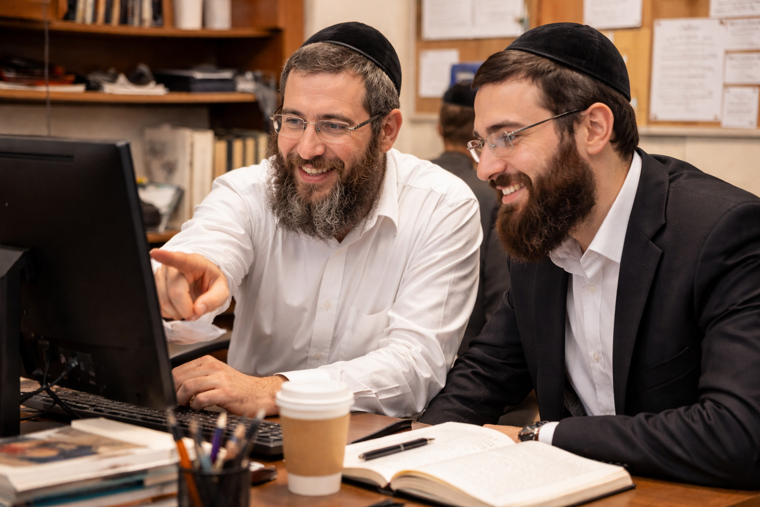 Orthodox Jewish men working in a frum-friendly office environment