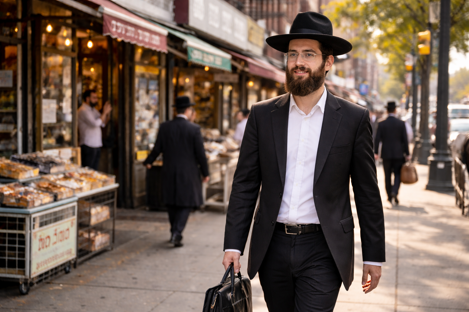 Orthodox Jewish man searching for local Jewish jobs on his phone in a Brooklyn neighborhood