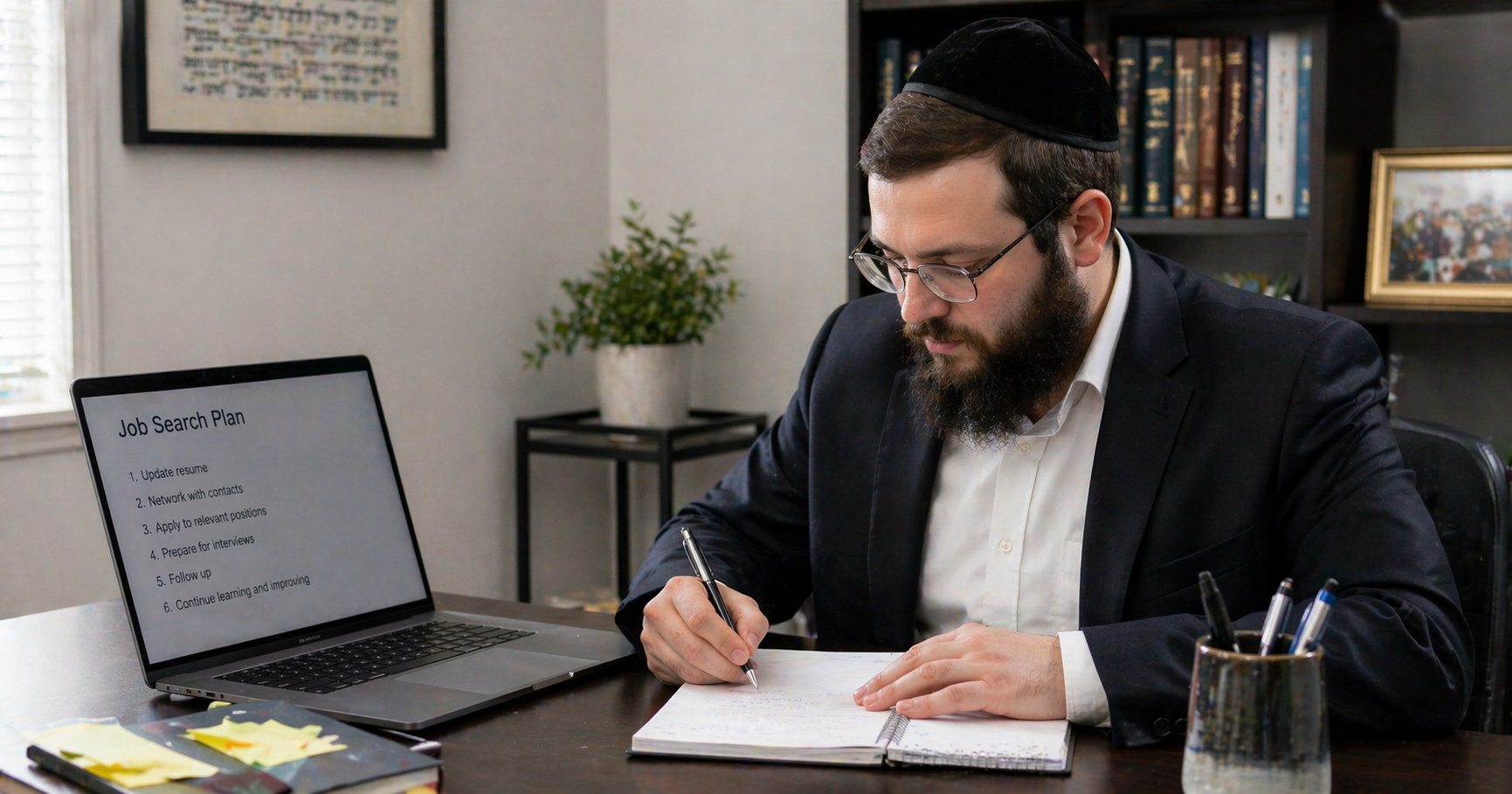 Orthodox Jewish man conducting a focused job search on his laptop