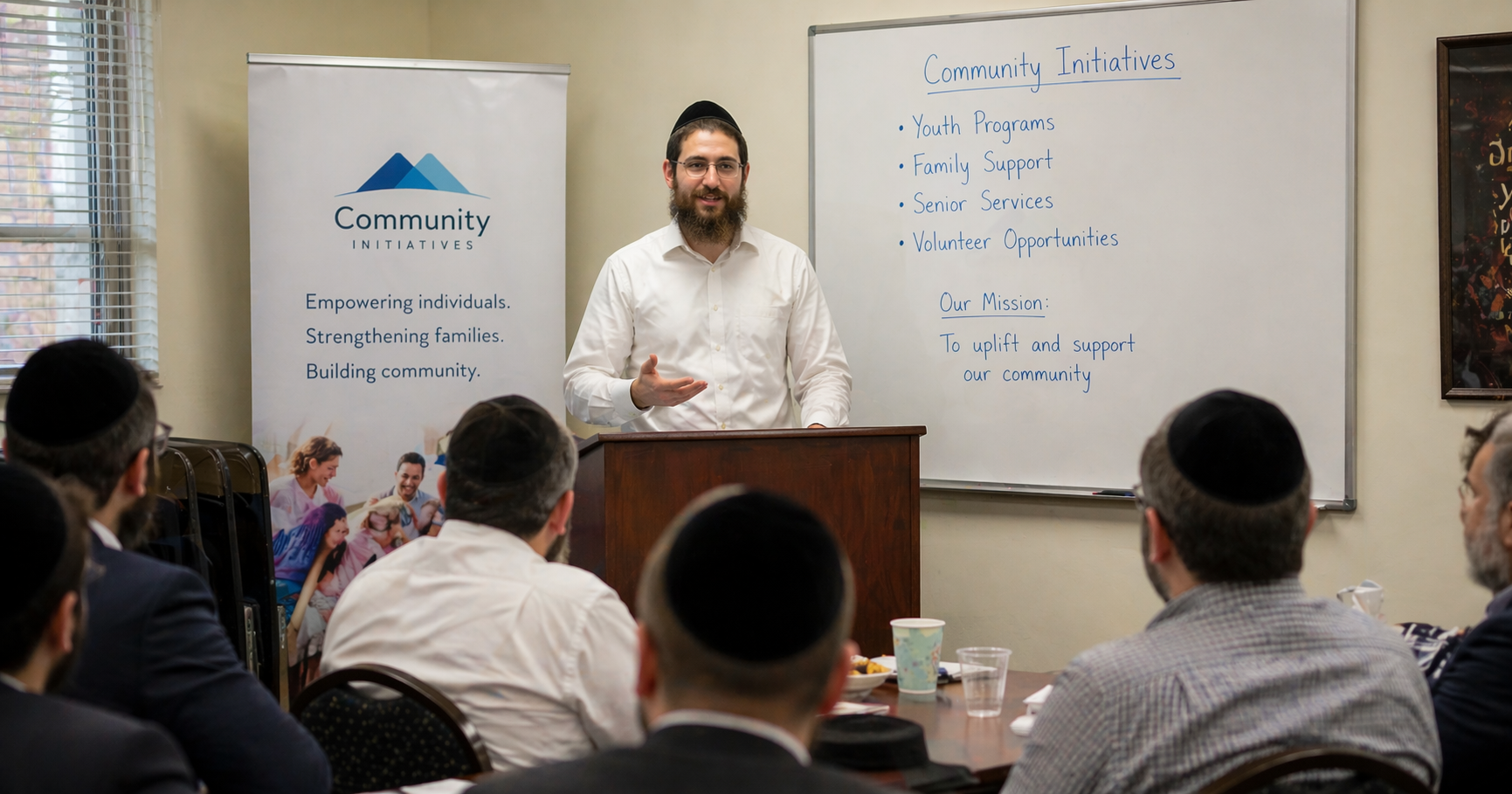 Orthodox Jewish men working at a Jewish nonprofit community organization
