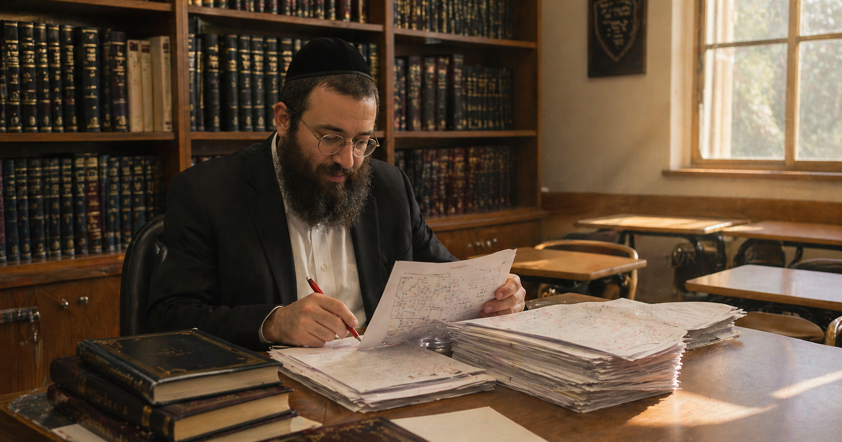 Orthodox Jewish man teaching in a yeshiva classroom