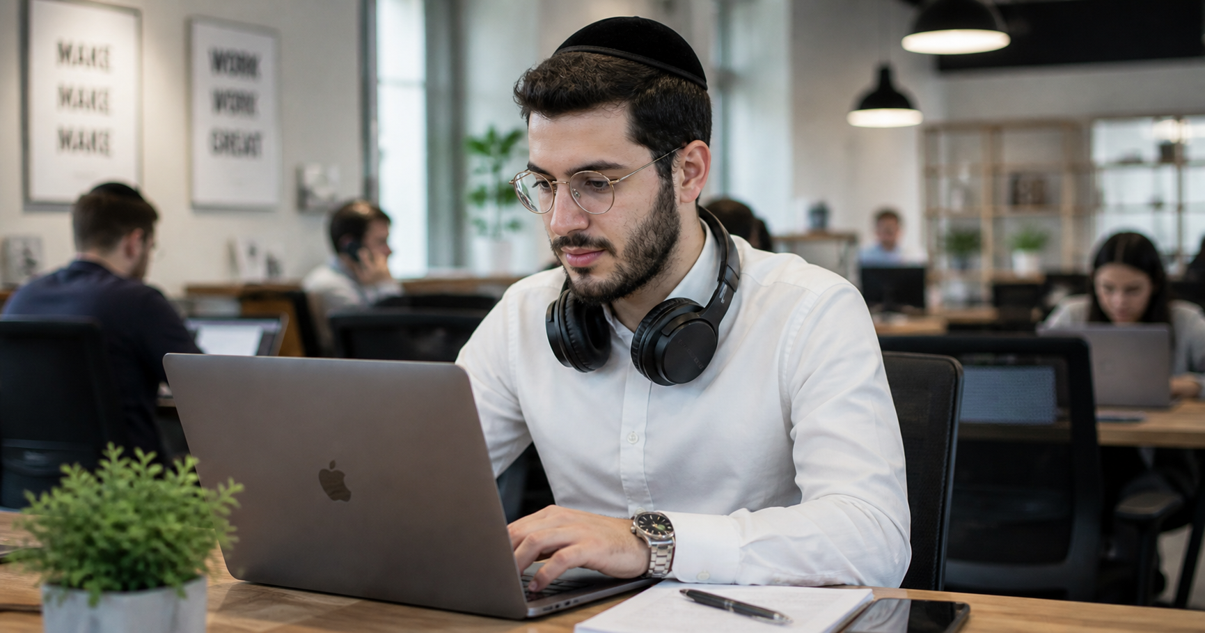 Orthodox Jewish man working on a tech project at a computer