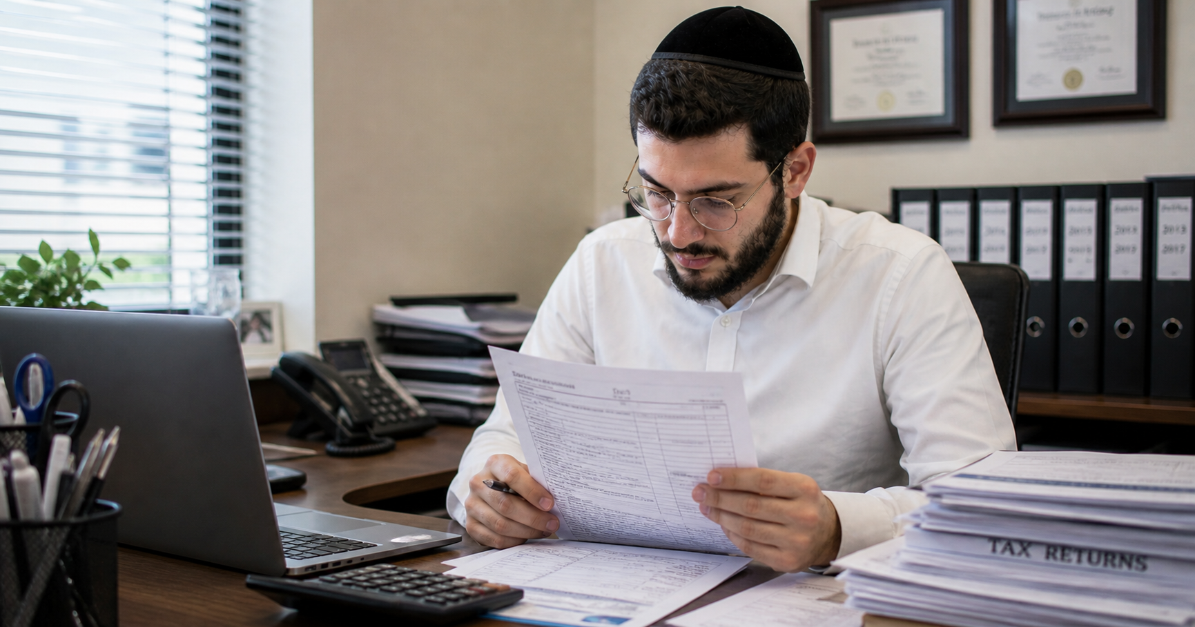 Orthodox Jewish man working on financial documents at a professional desk
