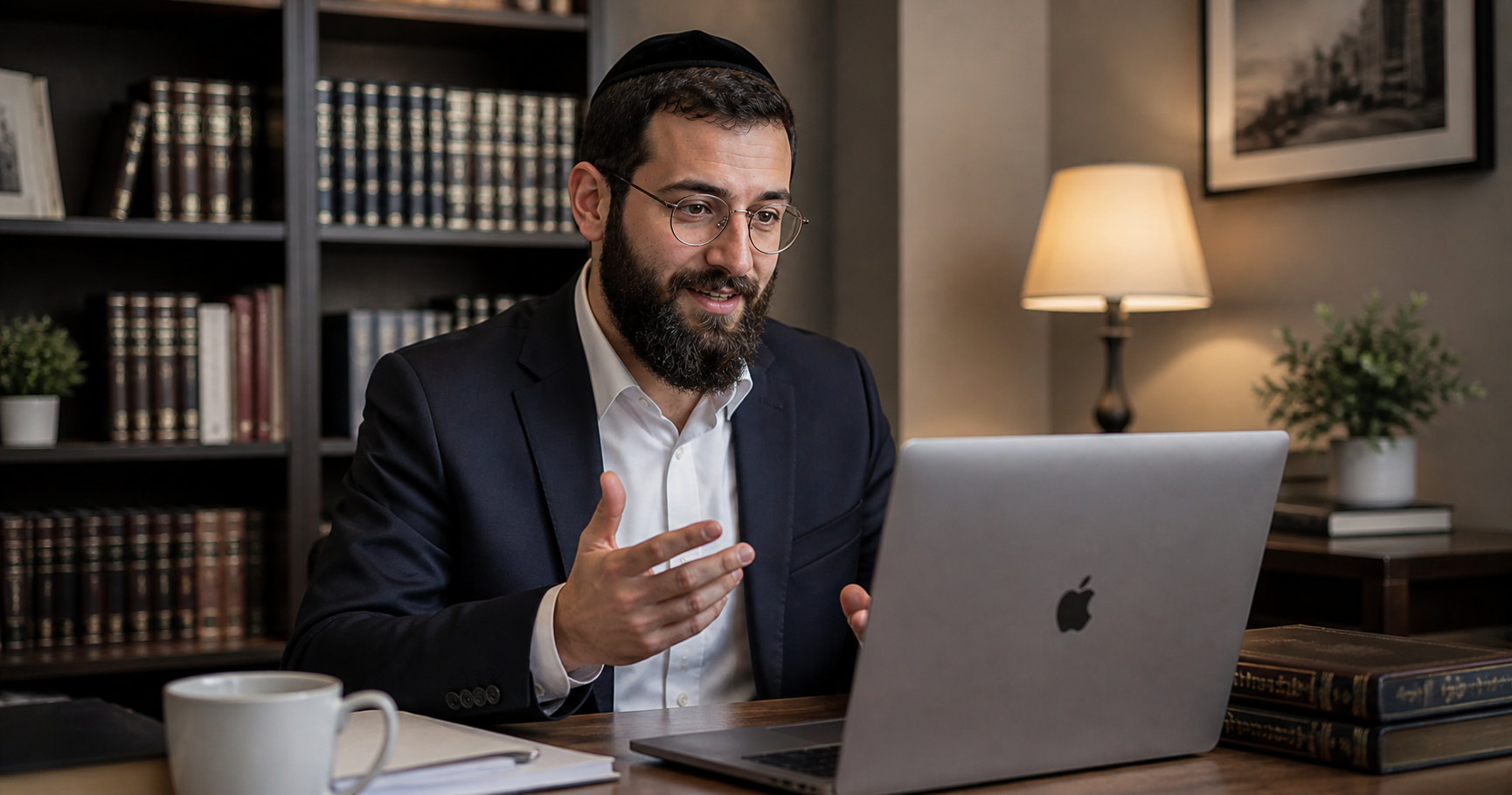 Orthodox Jewish man working from home on a laptop in a cozy home office