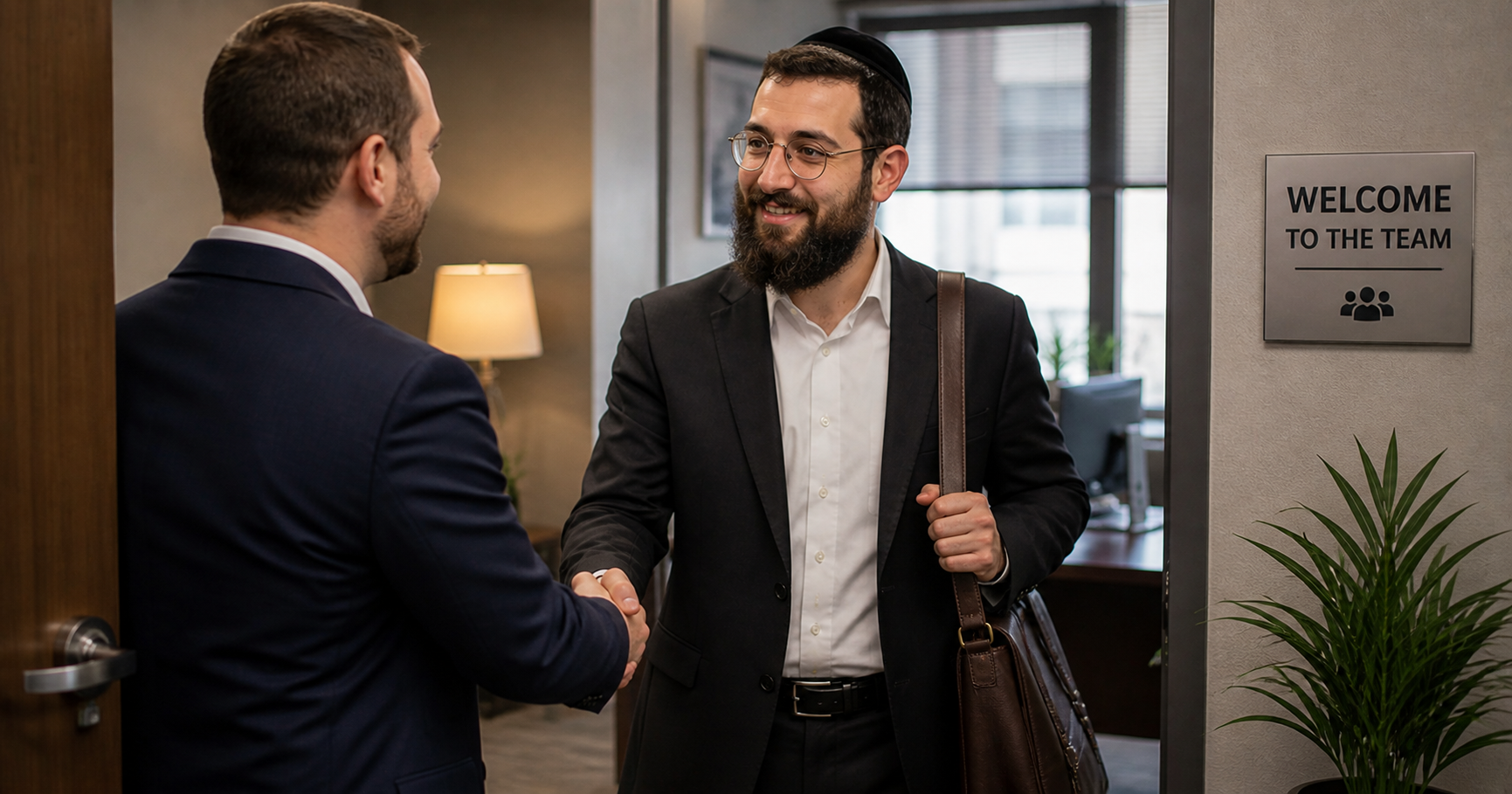 Orthodox Jewish man starting a new job at a Jewish workplace