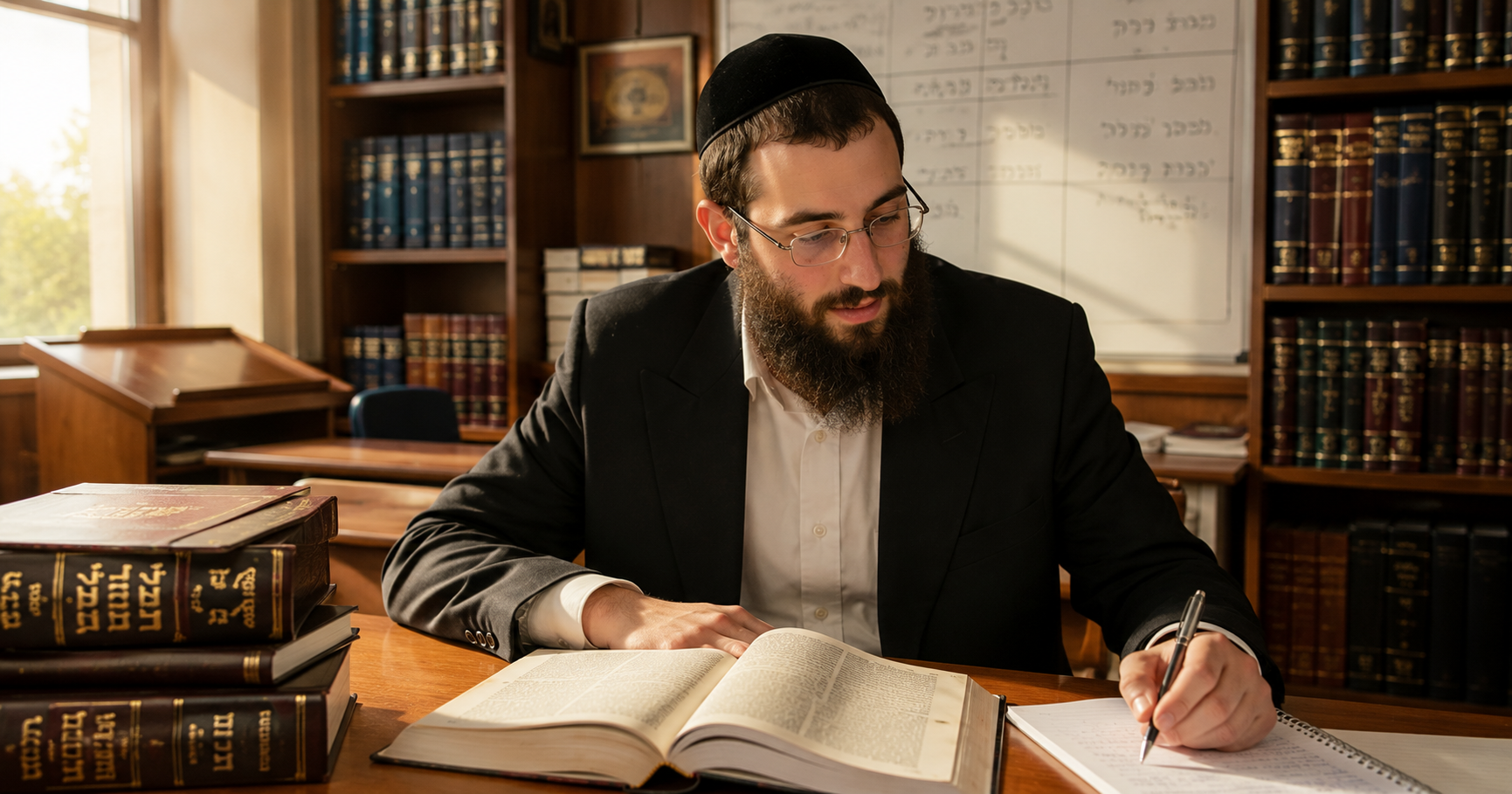Orthodox Jewish man teaching students in a yeshiva classroom