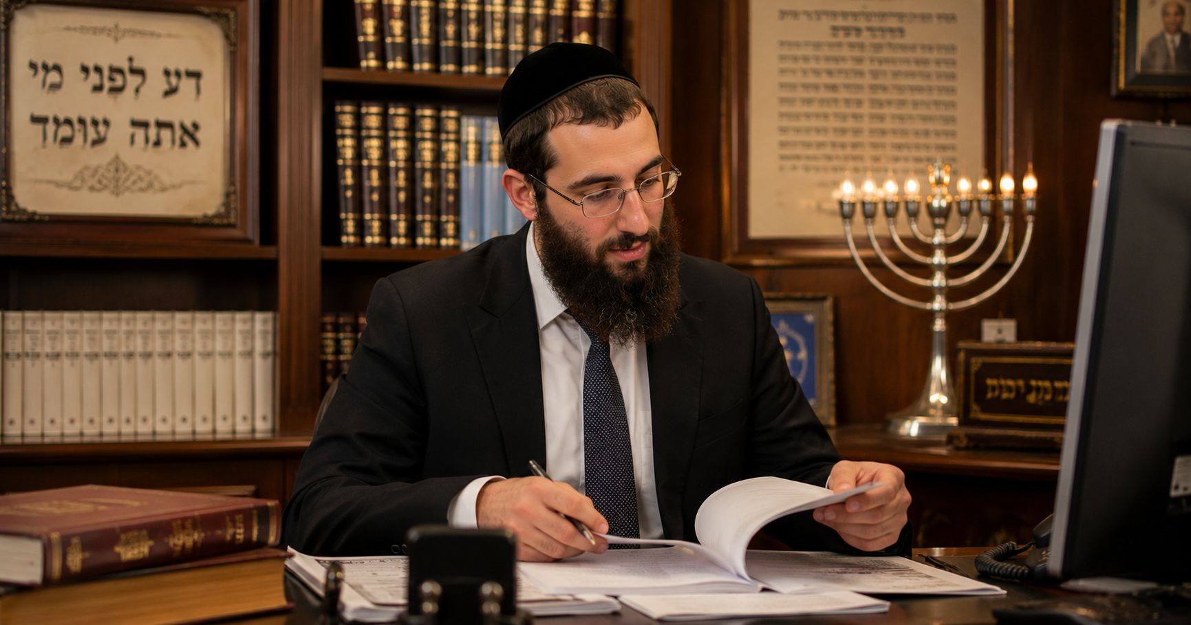 Orthodox Jewish man working in a synagogue office