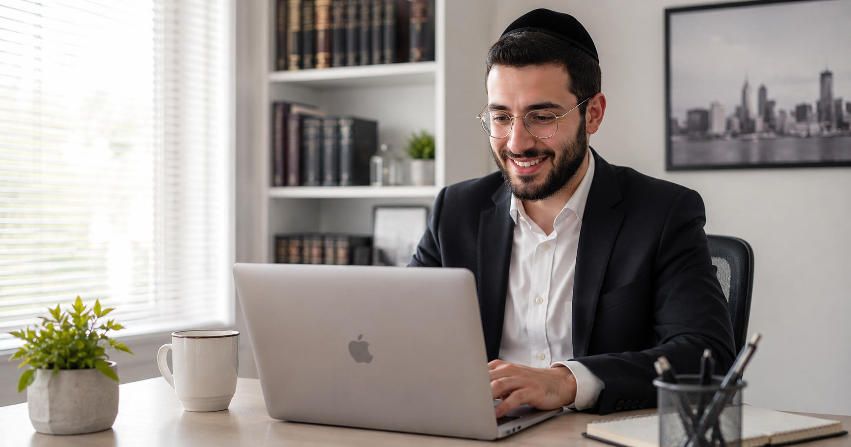 Orthodox Jewish man working a remote job from his home office in America