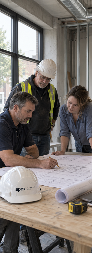 APEX Contracting team reviewing project plans and a building model on site
