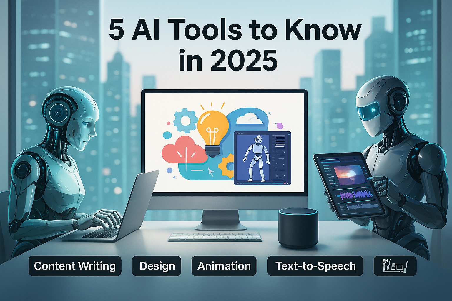 AI robots analyzing digital data streams with futuristic interface – representing top artificial intelligence tools and innovations to know in 2025.