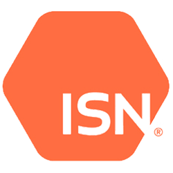 Orange hexagonal shape with white letters 'ISN' and a registered trademark symbol.