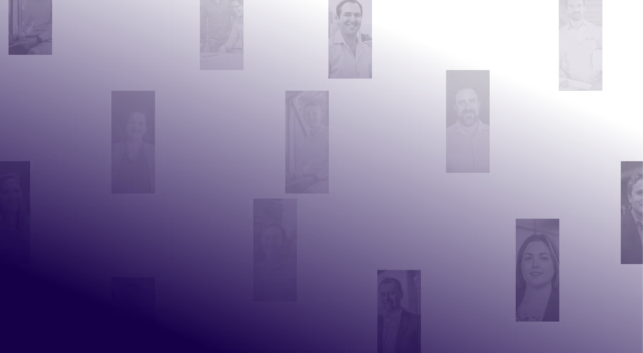 Blue coloured panel with photos of Alta staff members floating and fading into the background