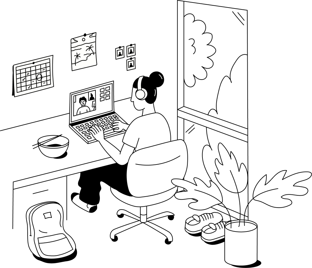 A fine line art illustration of a student working in his room on his computer at his desk