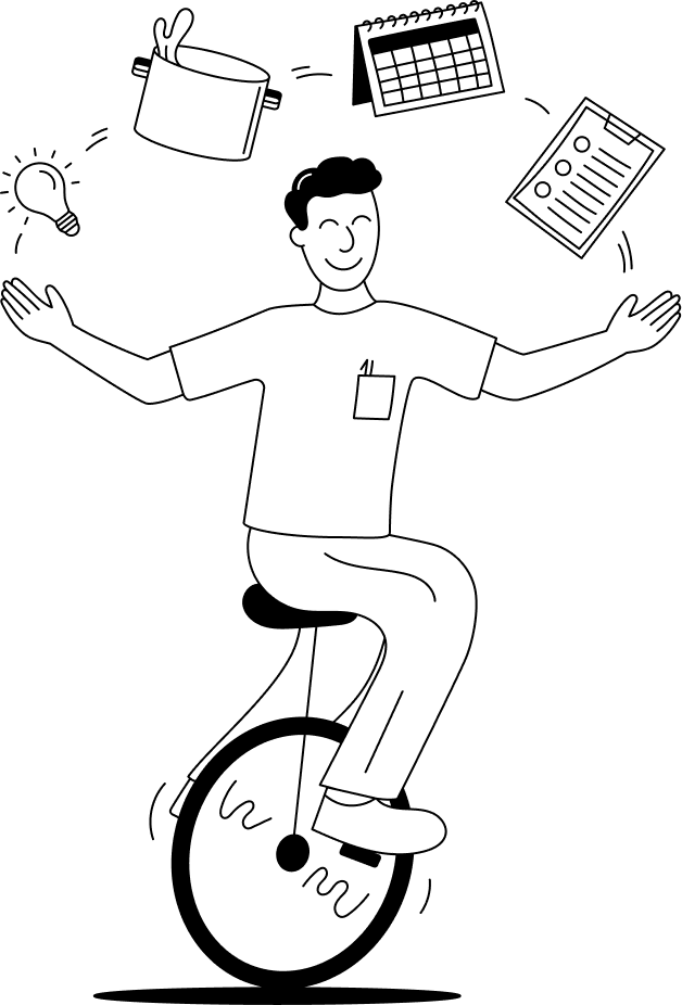 A fine line art illustration of a figure on a unicycle juggling everyday items