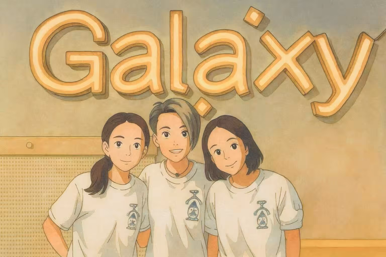 Illustration of three young individuals in white shirts standing together under large letters spelling 'Galaxy.'