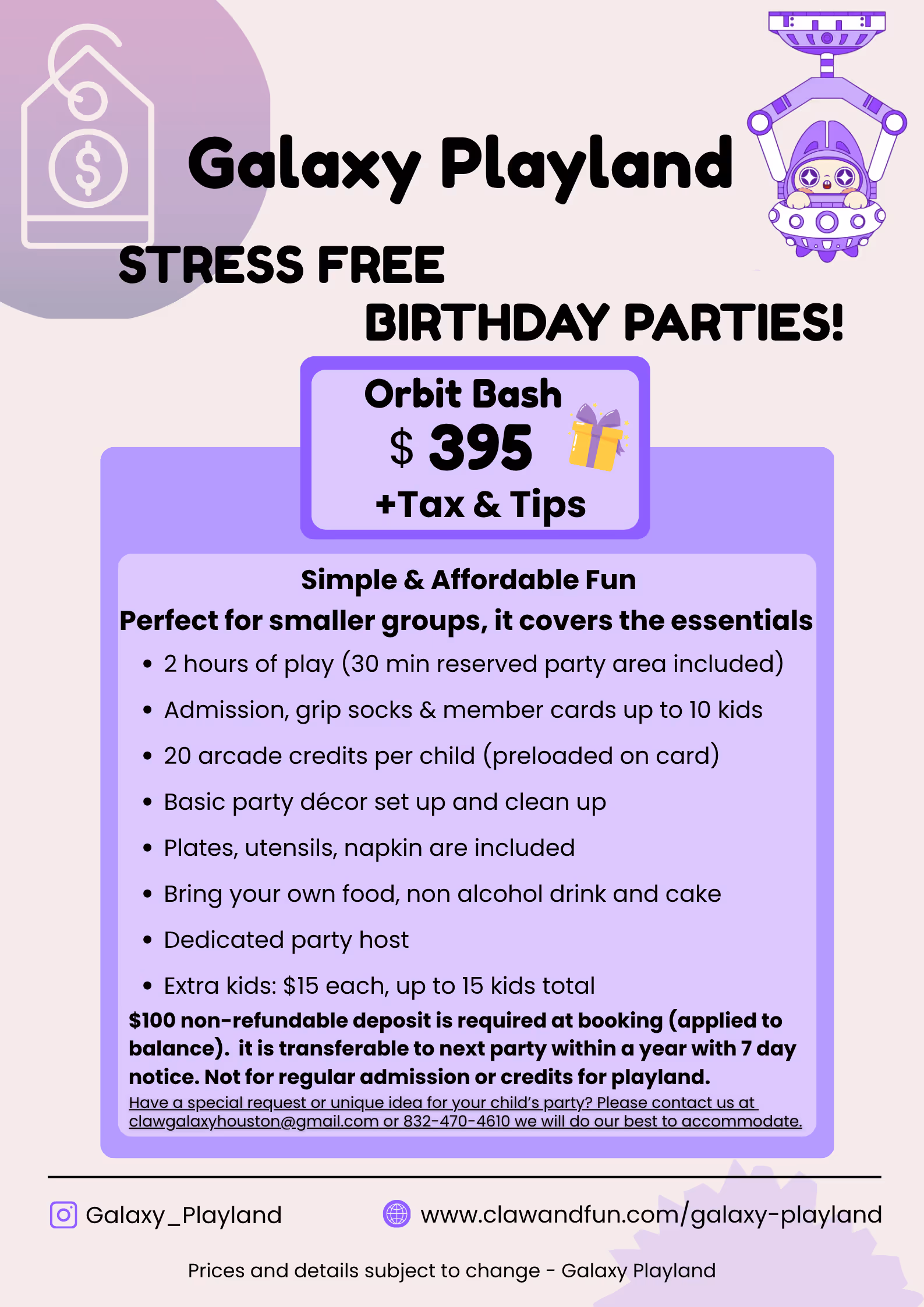 Galaxy Playland birthday party offer for $395 plus tax and tips, including 2 hours of play, admission for up to 10 kids, arcade credits, party setup, utensils, and a dedicated host.