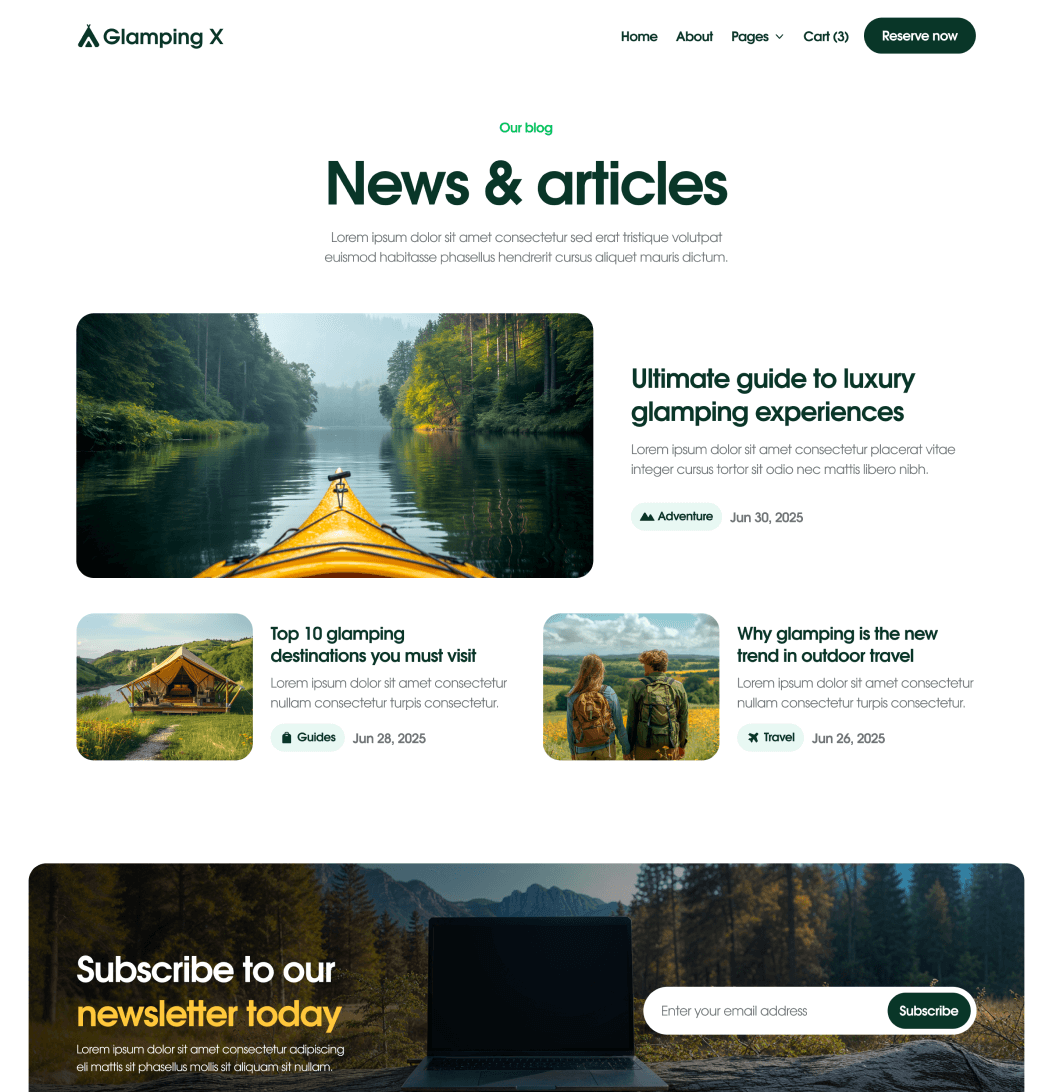 Glamping X Blog Main Page Glamping Webflow Template