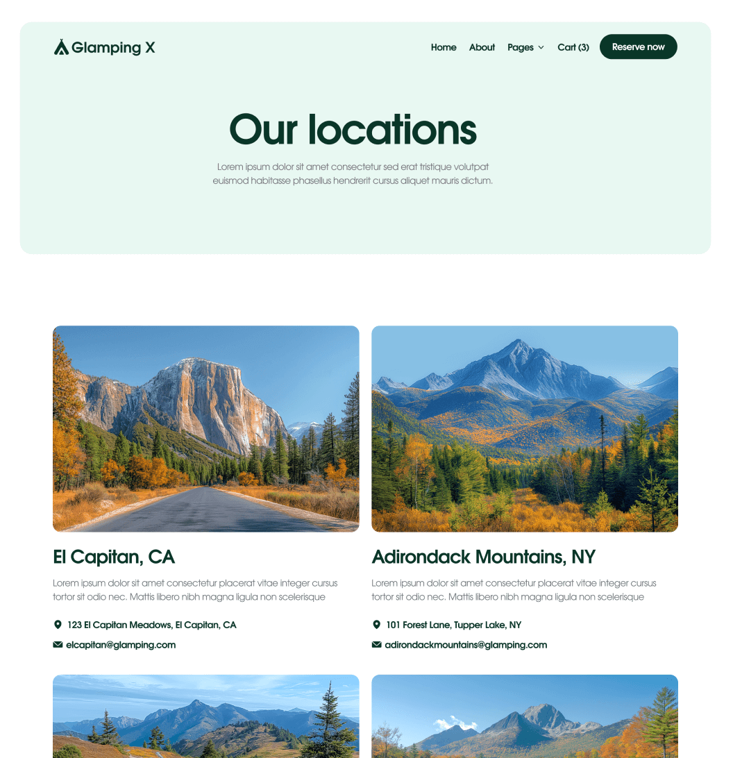 Glamping X Locations Main Page Glamping Webflow Template