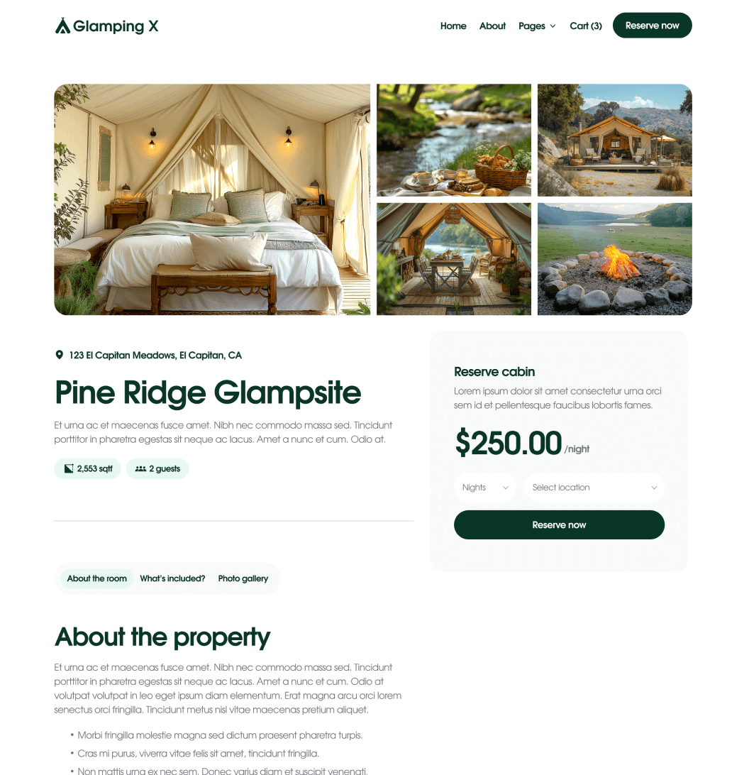 Glamping X Property Single Main Page Glamping Webflow Template