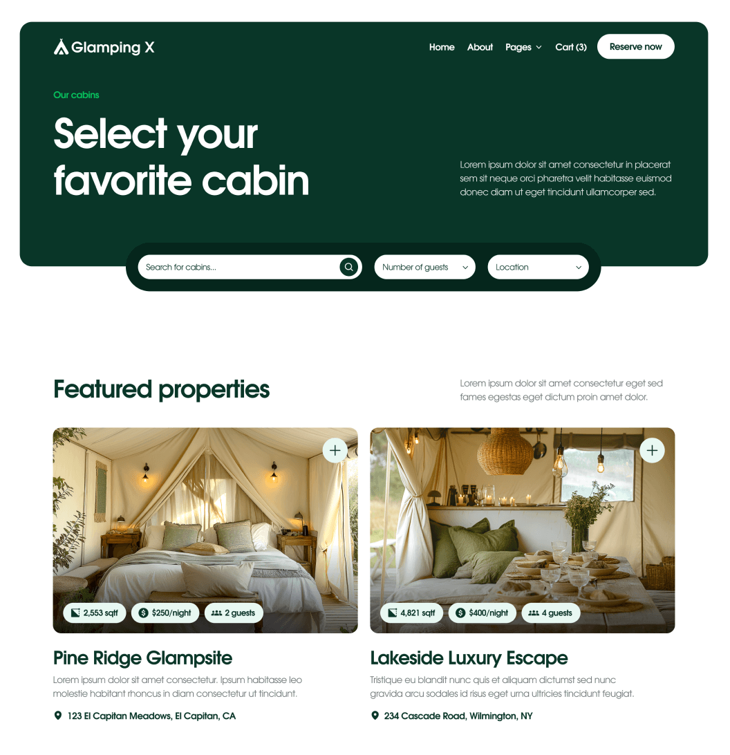 Glamping X Properties V2 Main Page Glamping Webflow Template