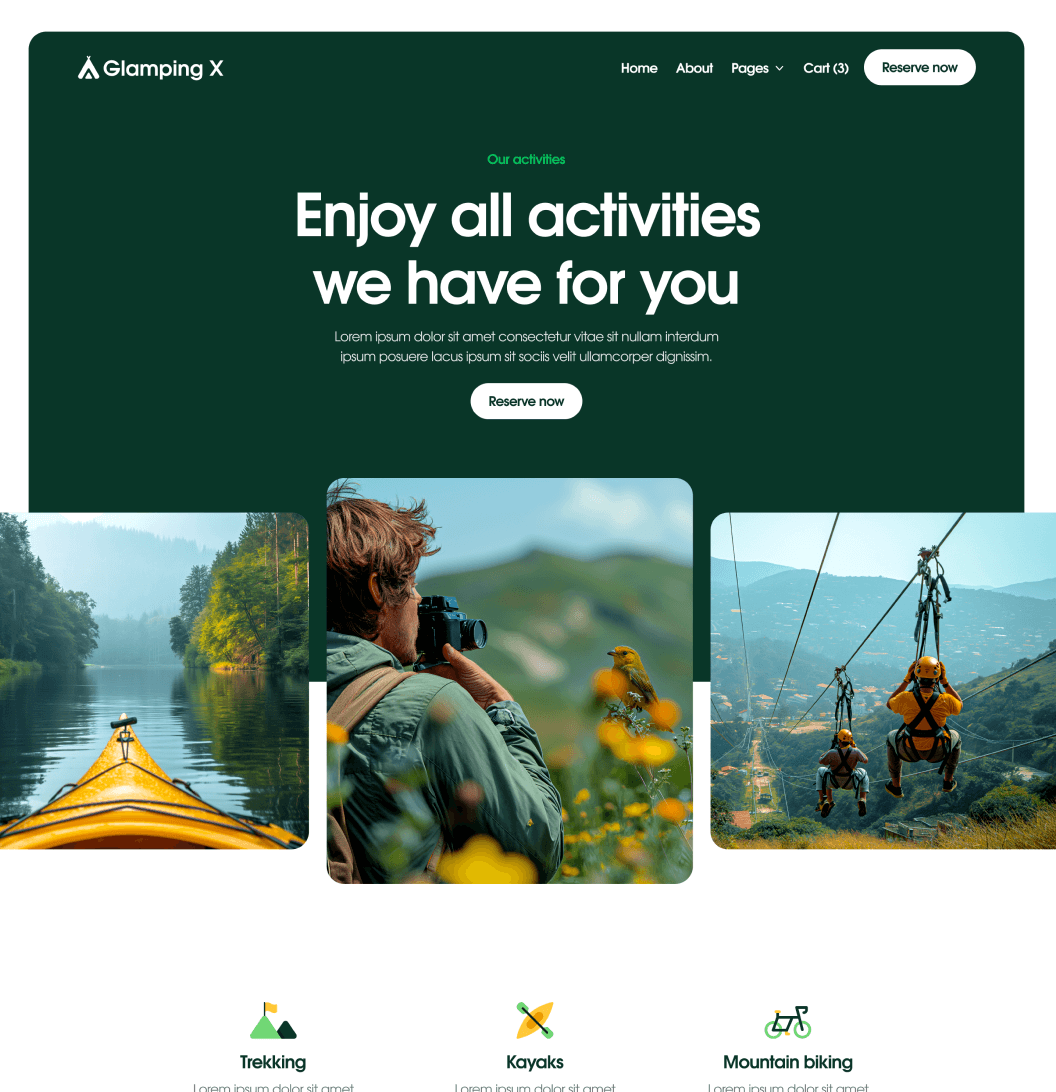 Glamping X Activities Main Page Glamping Webflow Template