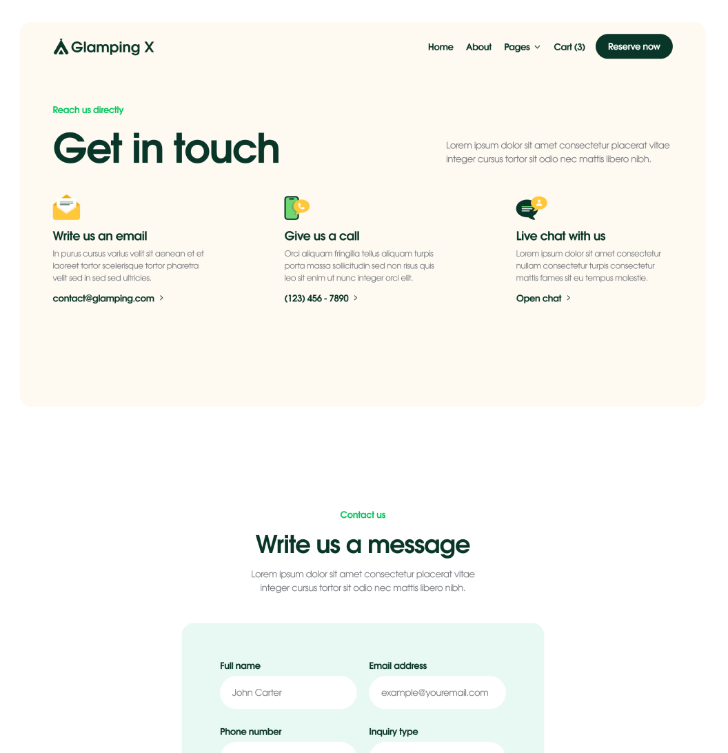 Glamping X Contact V1 Main Page Glamping Webflow Template