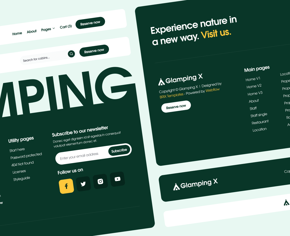 Glamping X - 3 Headers And Footers - Glamping Webflow Template