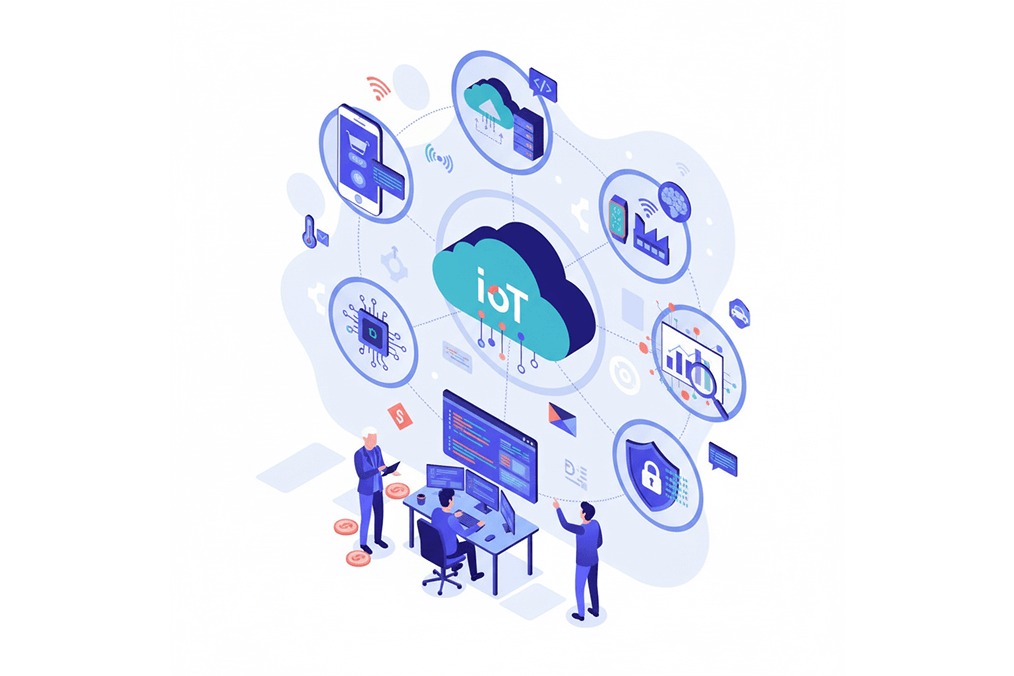 Three people interacting with a cloud labeled IoT, surrounded by icons representing IoT applications including mobile device, cloud storage, industrial factory, AI brain, data charts, security shield, and microchip.