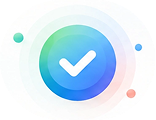 Blue and green circular icon with a white checkmark in the center, surrounded by smaller colored dots and a soft gradient background.