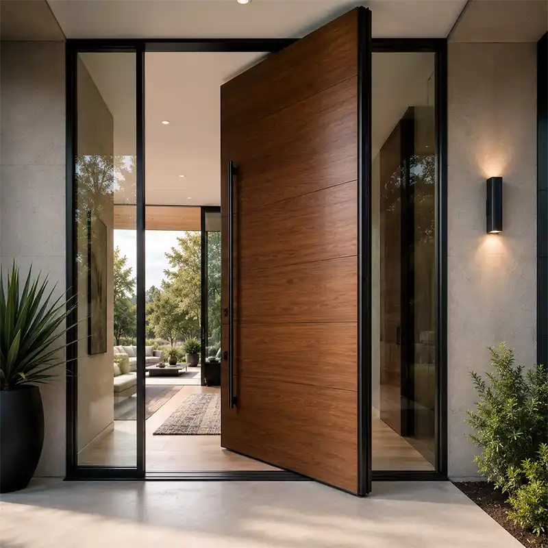 Custom Weiland pivot door serving as a dramatic entry on a custom home