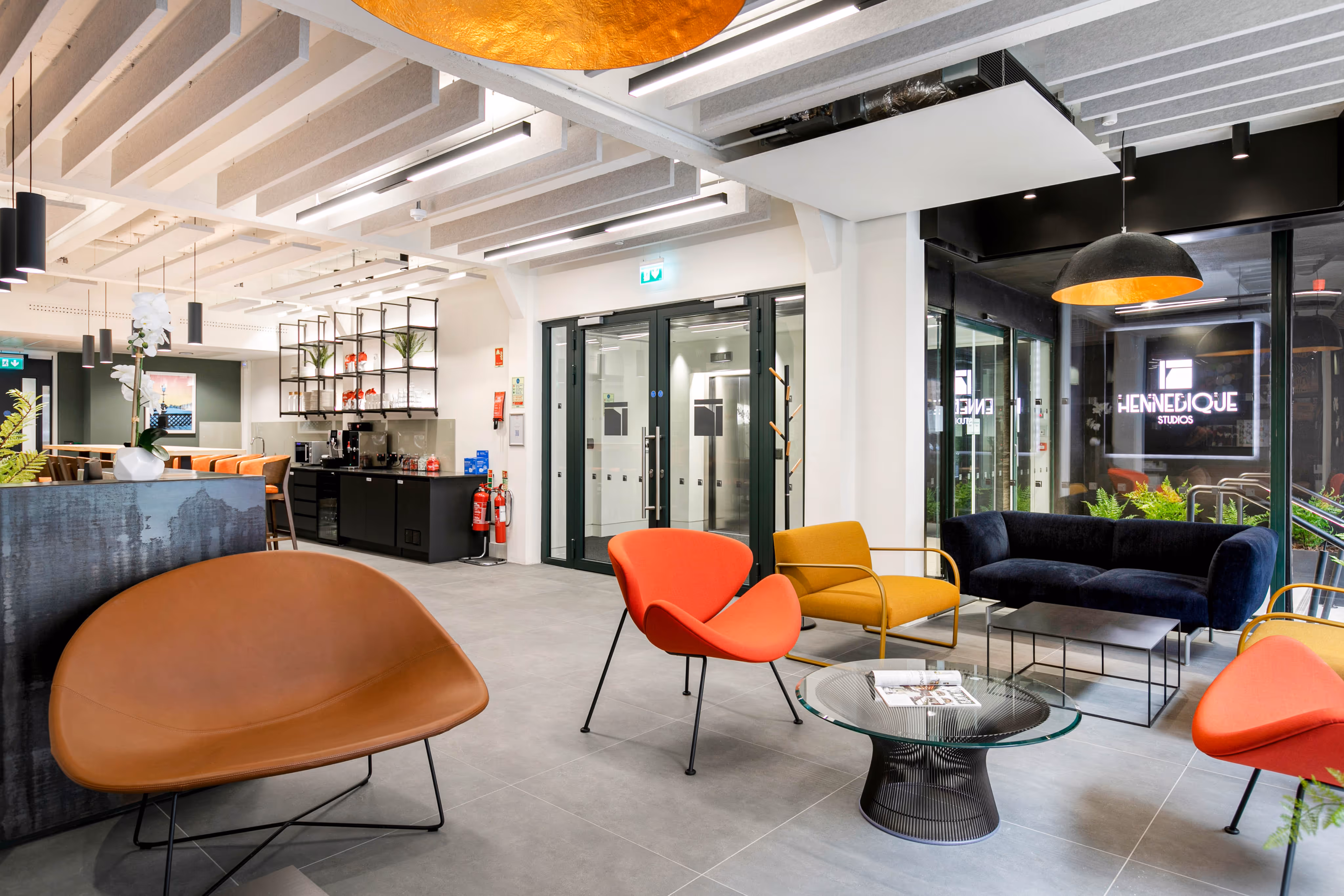 Modern communal office space with seating