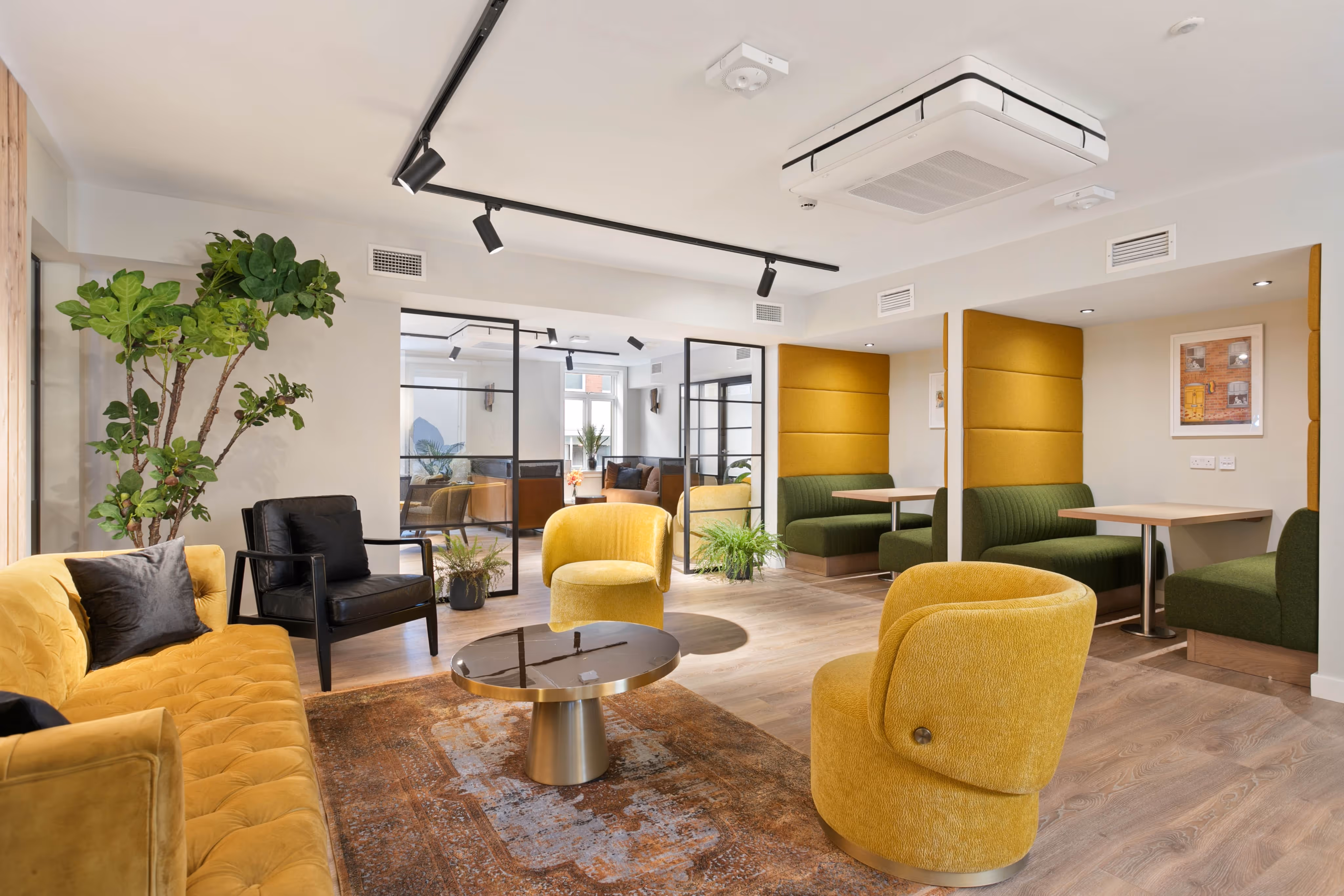 Modern office space with communal lounge area