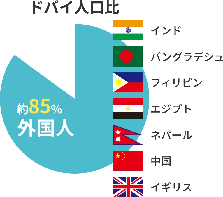 ドバイ人口の約85%が外国人であることを表すグラフ