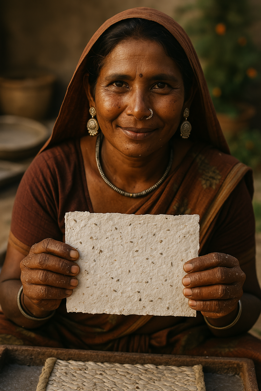 Smiling woman in traditional attire holding a sheet of handmade paper embedded with seeds.