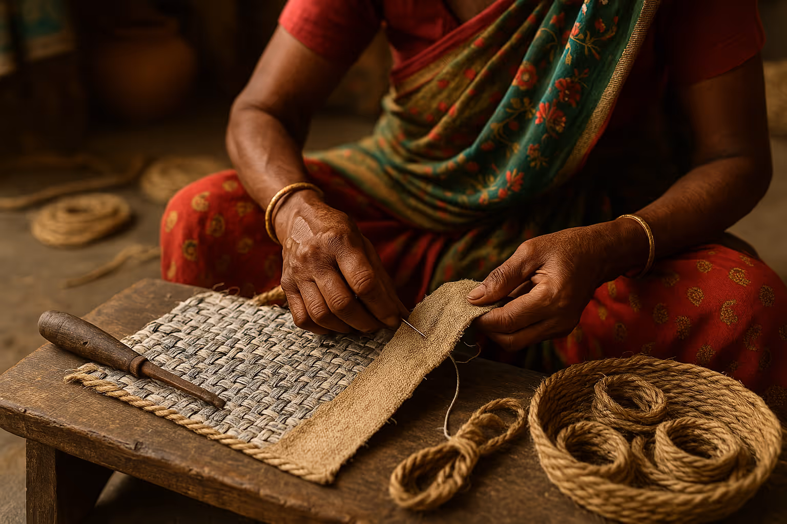 Hands of a woman in traditional clothing weaving and stitching jute rope on a wooden table.