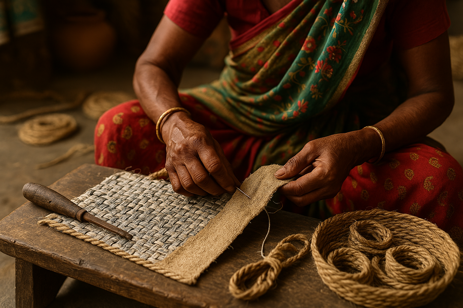 Hands of a woman in traditional clothing weaving and stitching jute rope on a wooden table.