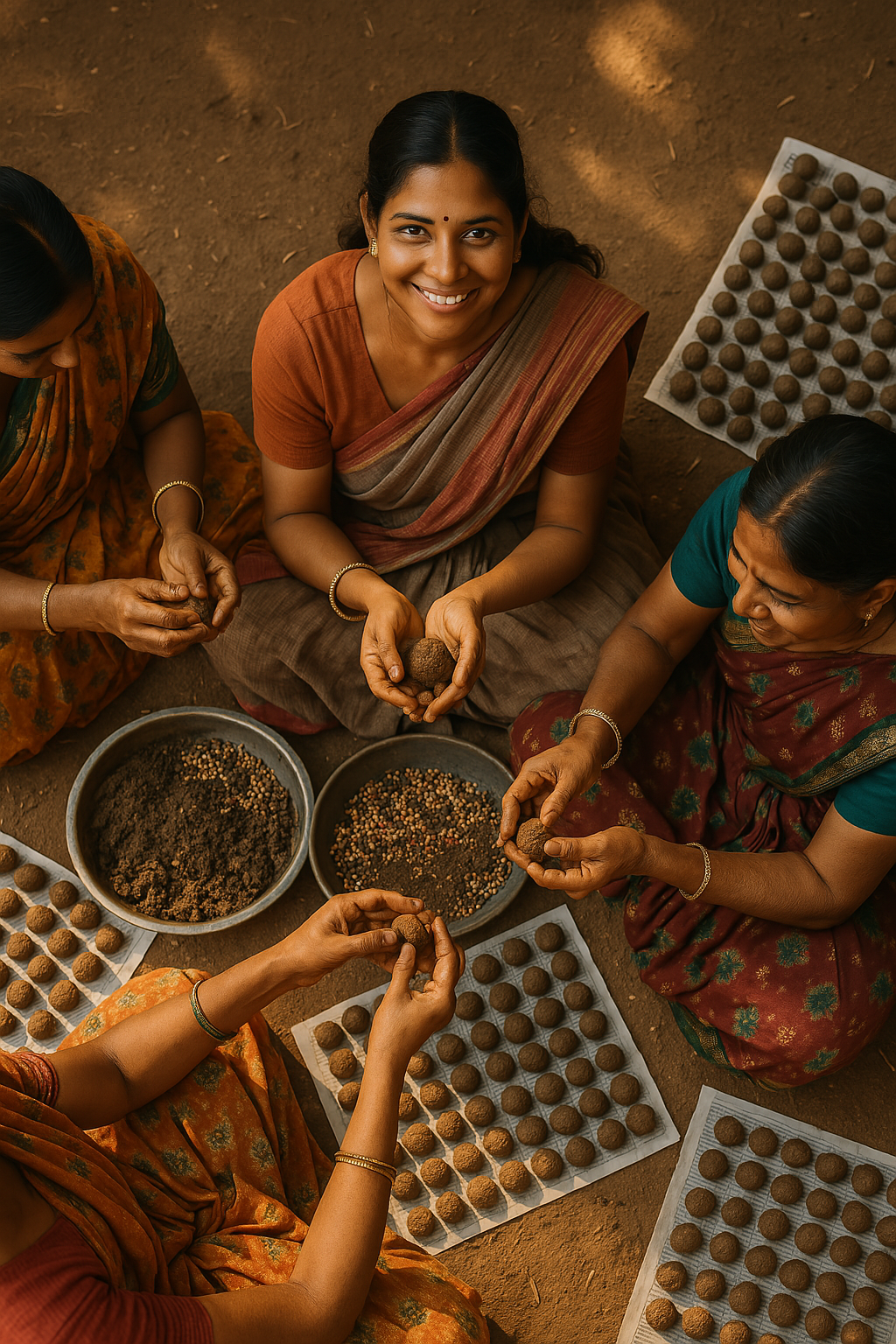 Four women in traditional clothing sitting on the ground, shaping round balls of soil mixed with seeds, with trays of completed seed balls surrounding them.