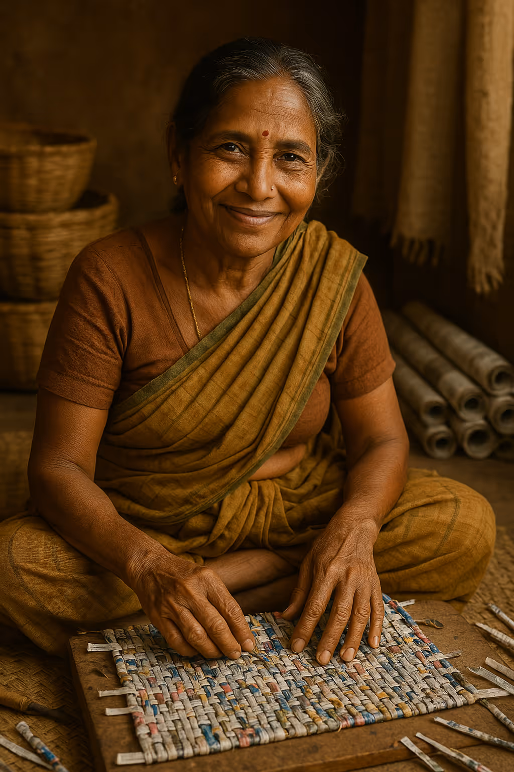 Elderly woman in traditional attire weaving a colorful basket with rolled paper strips, smiling at the camera.