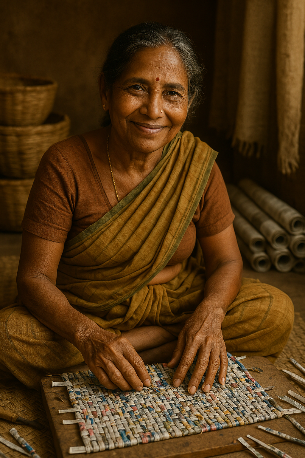 Elderly woman in traditional attire weaving a colorful basket with rolled paper strips, smiling at the camera.