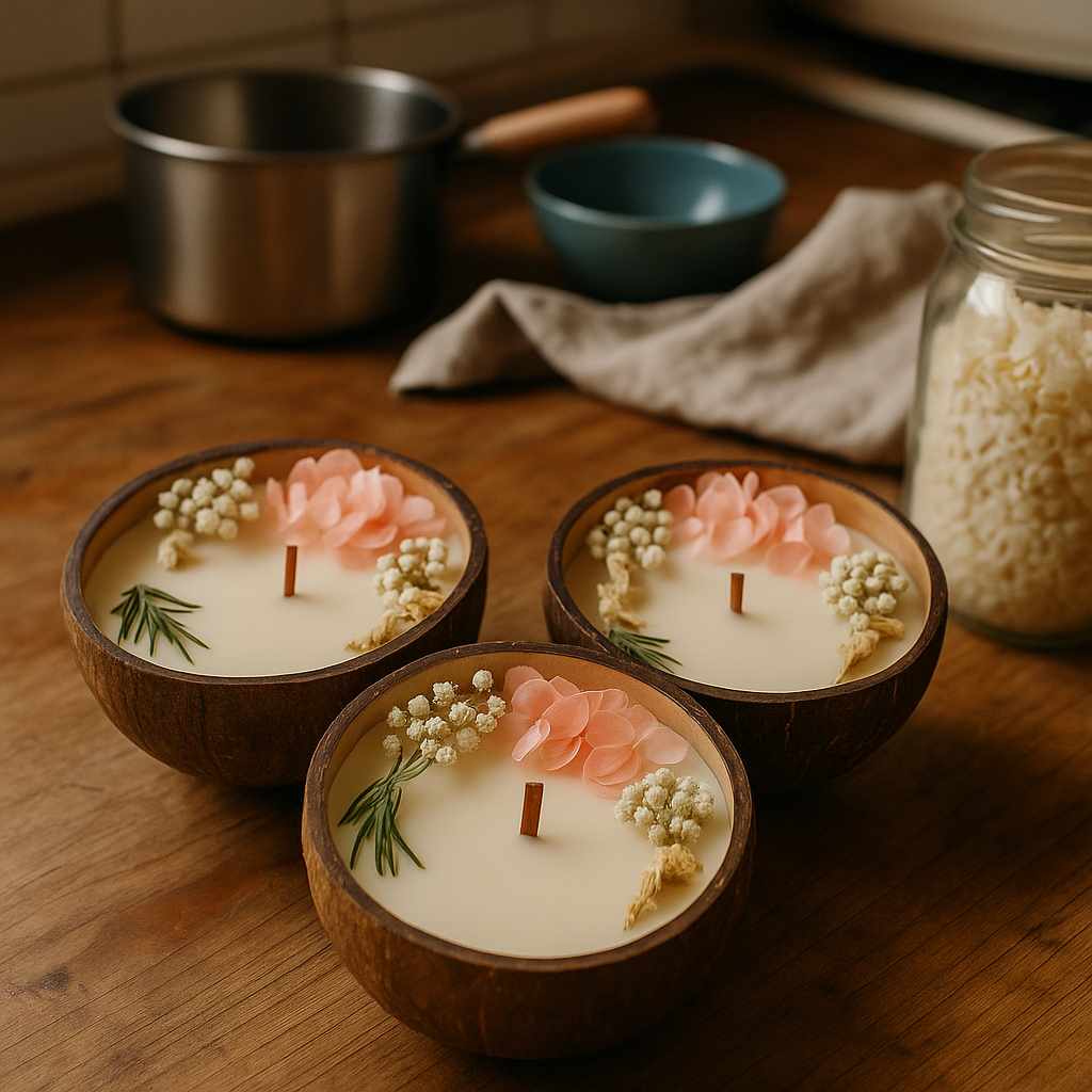 Three decorative candles in wooden bowls with pink petals, white flowers, and green leaves, placed on a wooden table.