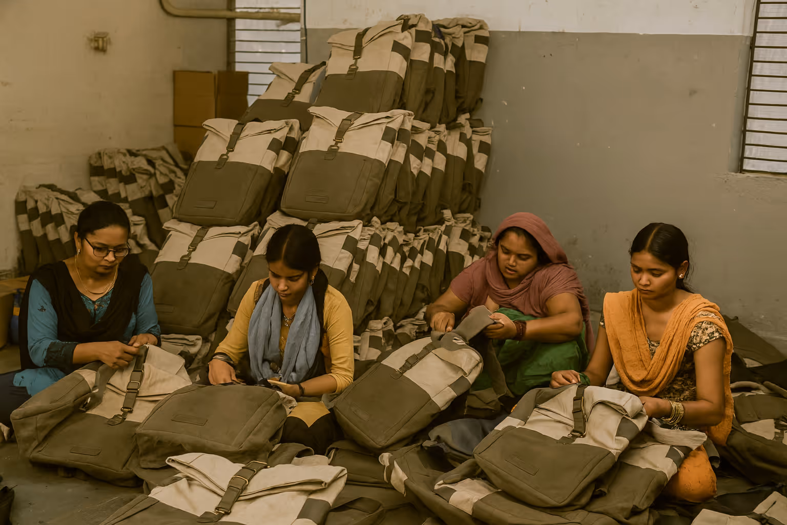 Women artisans packaging new hire onboarding kits