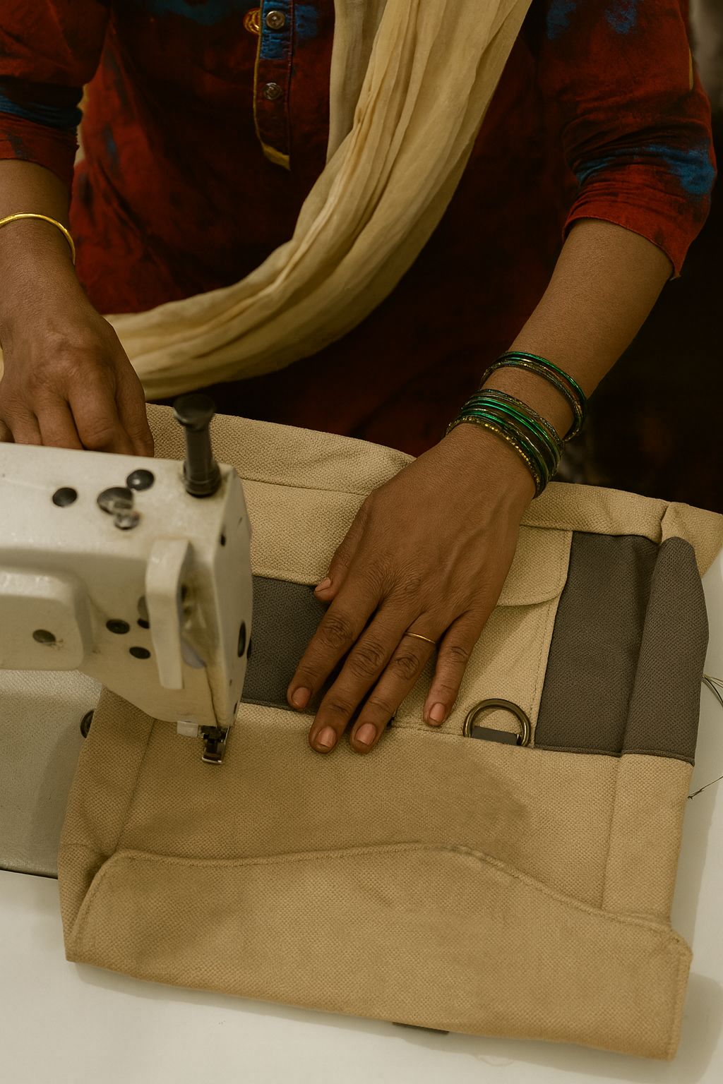 Women stitching onboarding kits