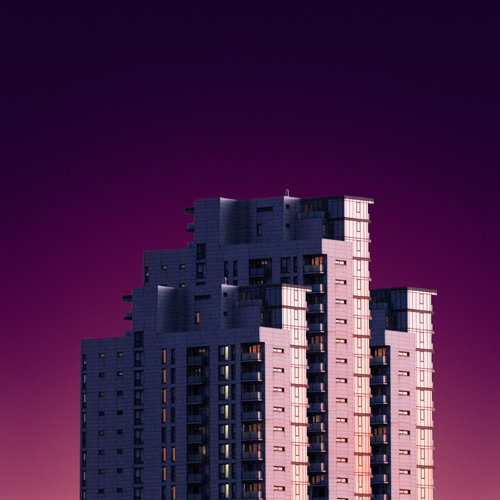 Tall modern apartment buildings illuminated by sunset light against a purple and orange gradient sky.