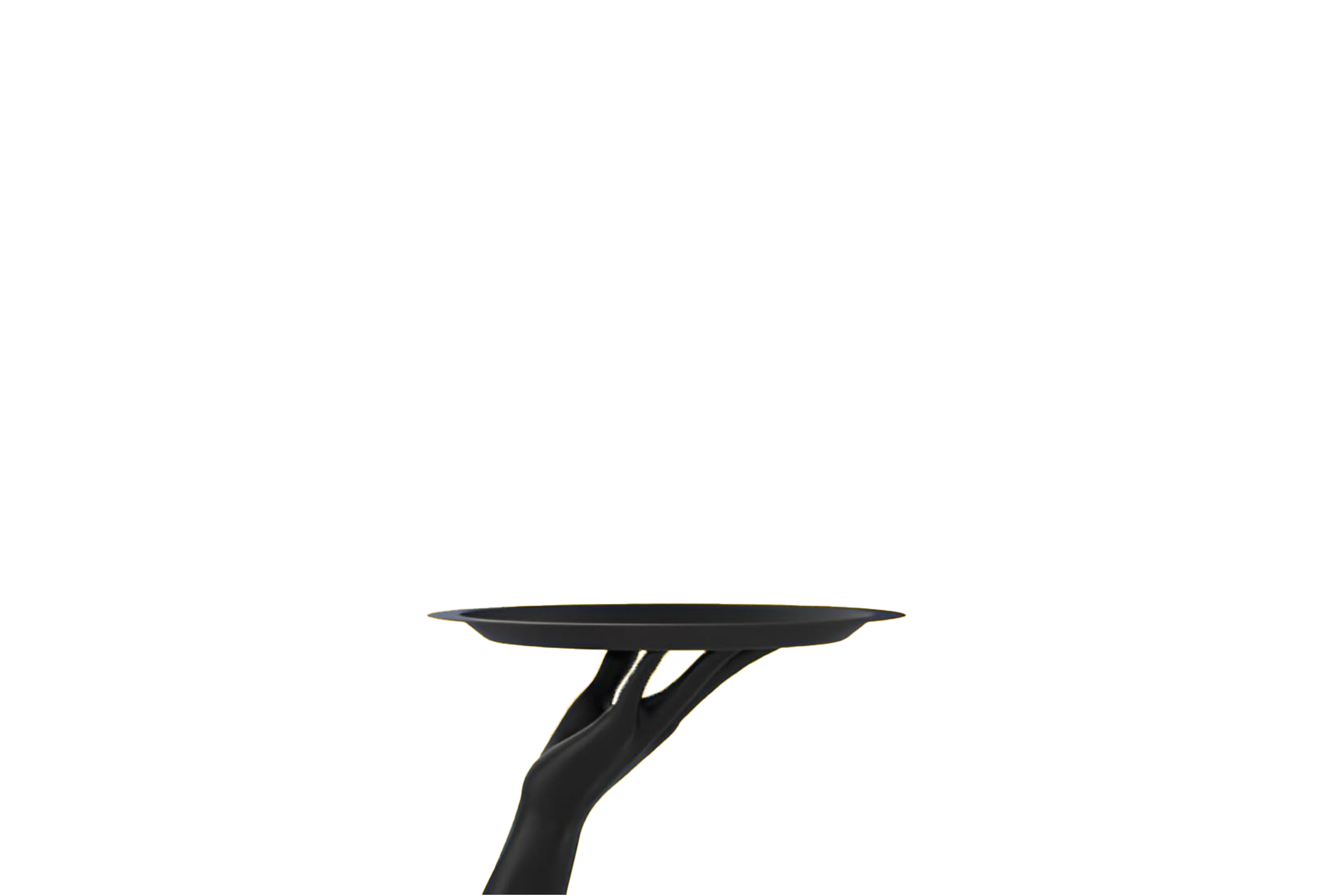 Black sculpture of a hand holding a flat round tray against a transparent background, showcasing Marketing agency's various services