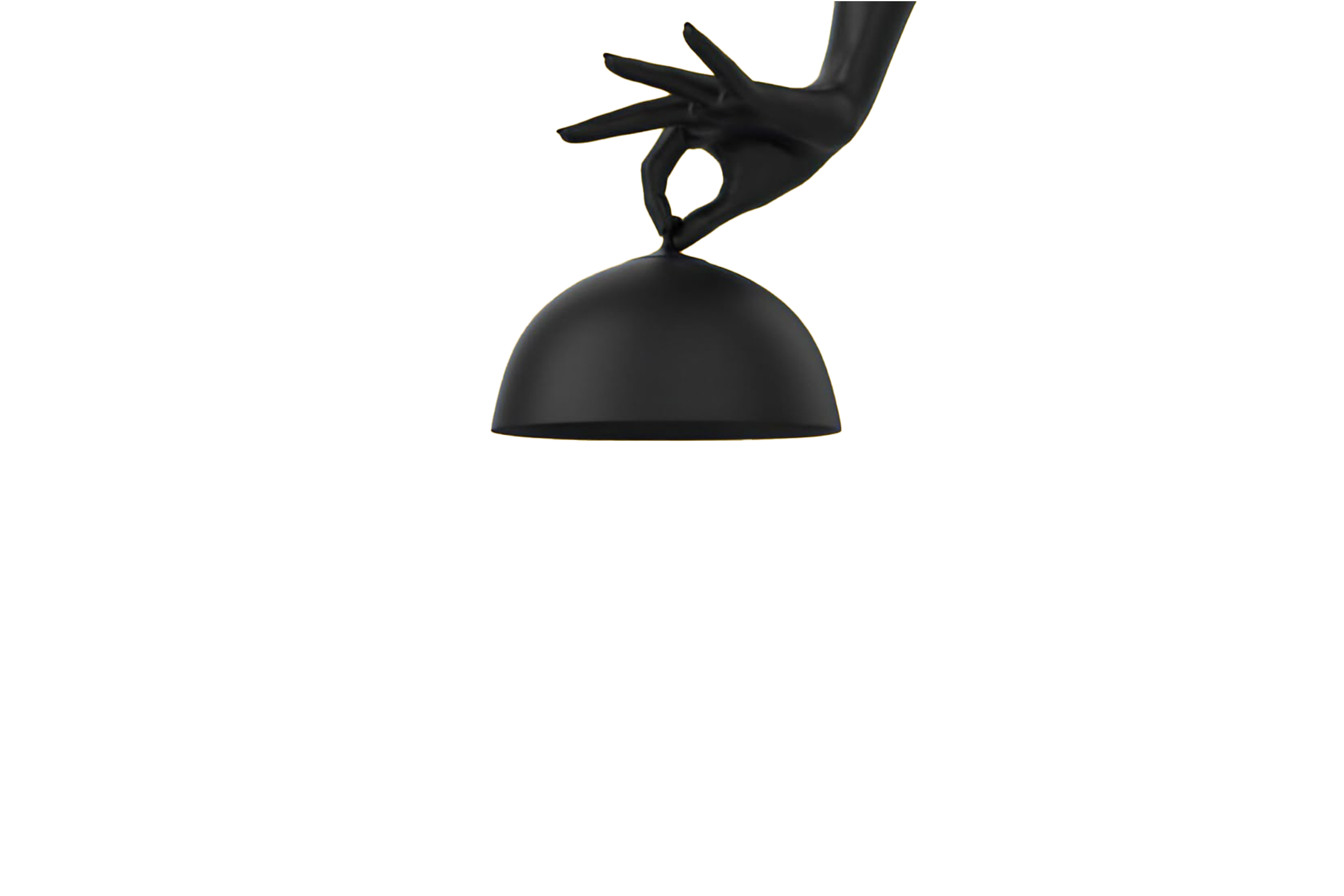 Black mannequin hand pinching the top of a black dome-shaped object against a black background, showcasing Marketing agency's various services