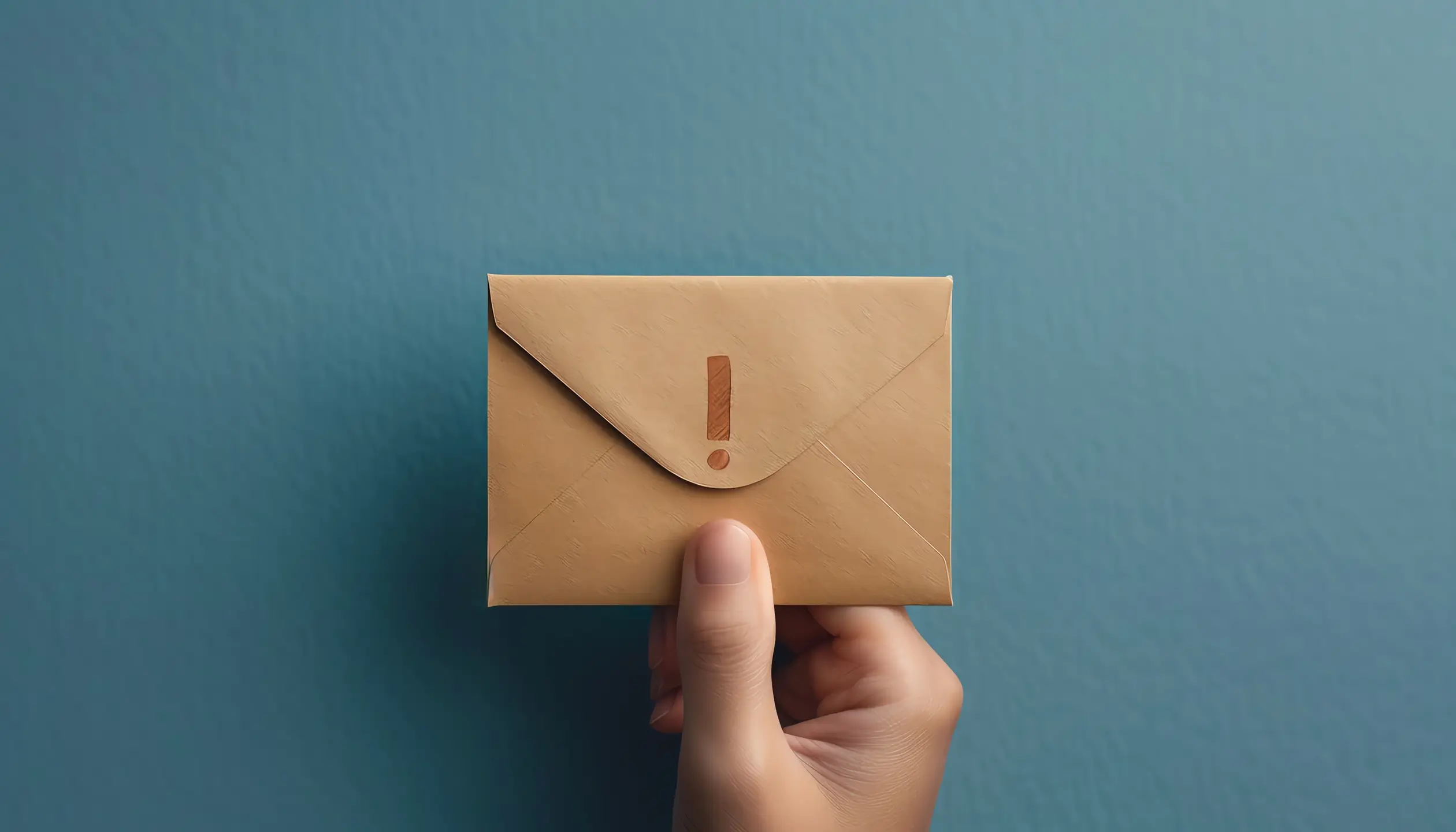 Hand hält einen braunen Briefumschlag mit einem Ausrufezeichen, vor blauem Hintergrund.