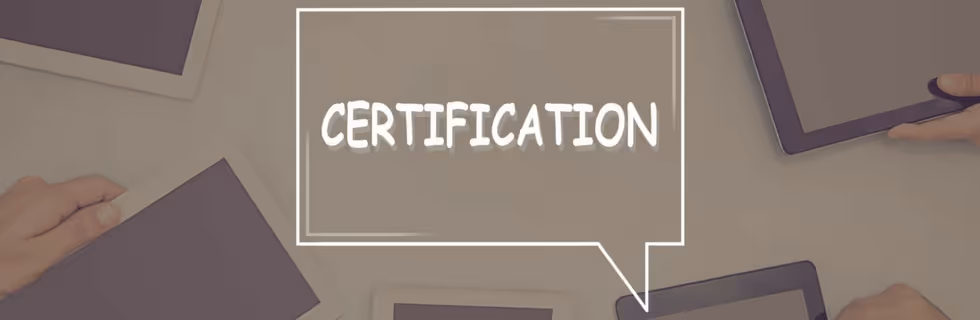 Certification concept with speech bubble and office workspace