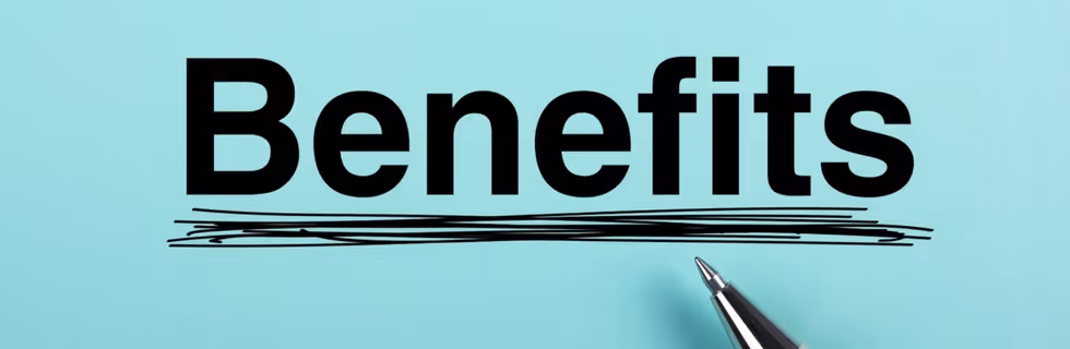 Word Benefits underlined on teal background with a pen