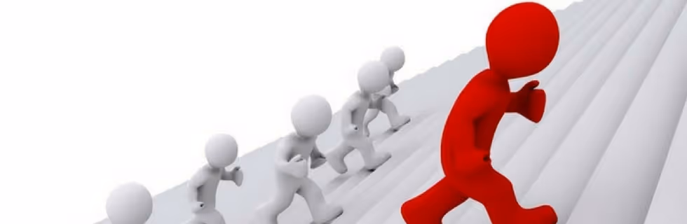 Red leader figure climbing stairs ahead of white figures representing leadership