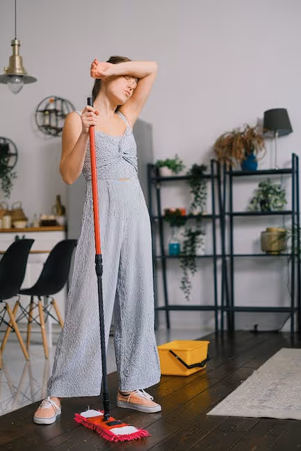 Woman in gray jumpsuit taking a break while mopping modern apartment floor